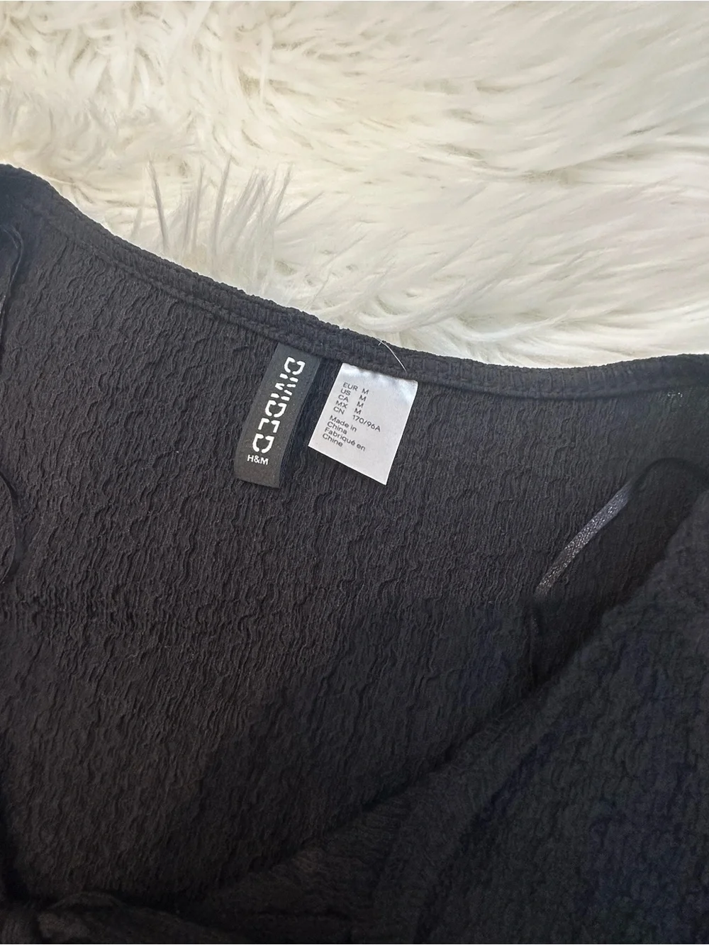 H&M Black Long-Sleeve Tie-Neck Peasant Top